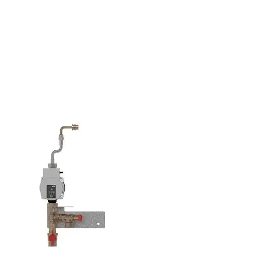 Zirkulationsset von Danfoss mit einer integrierten Pumpe und Wasseranschlüssen, montiert auf einer Halterung, zur Verwendung in Heizungsanlagen.